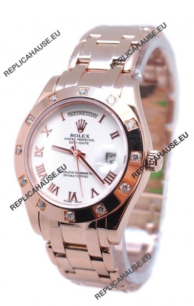 Rolex Day Date Rose Gold Japanese Replica Watch in Diamond Bezel