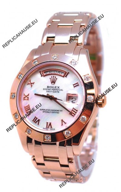 Rolex Day Date White Mother of Pearl Swiss Replica Watch in Roman Markers