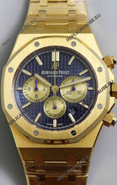 Audemars Piguet Royal Oak Chronograph Yellow Gold Blue Dial Steel Strap Swiss Replica Watch