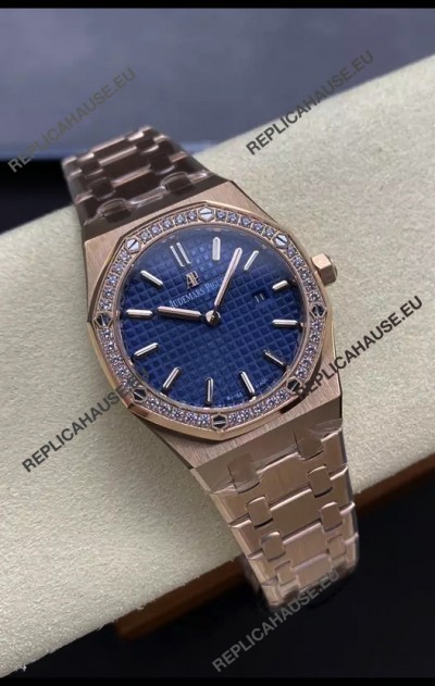 Audemars Piguet Royal Oak 33MM 904L Rose Gold Blue Dial 1:1 Mirror Replica Watch