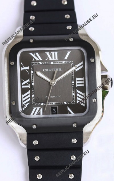 Santos De Cartier 1:1 Black DLC Bezel Swiss Replica Watch 40MM - Rubber Strap