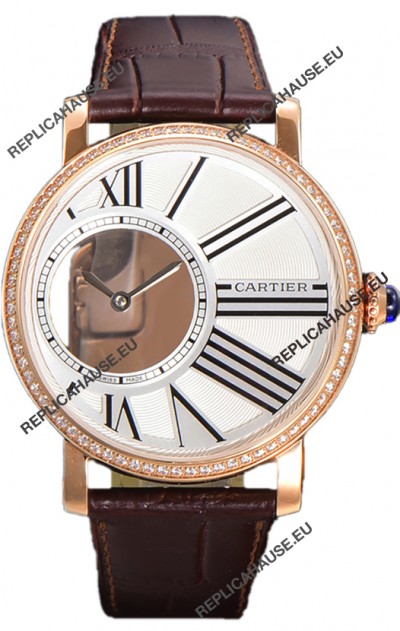 Rotonde De Cartier in Rose Gold Casing - Leather Strap Swiss Quartz Replica Watch 