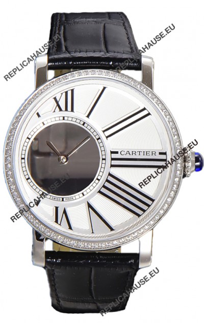 Rotonde De Cartier in Stainless Steel Casing - Leather Strap Swiss Quartz Replica Watch 