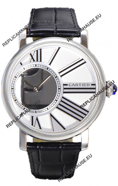 Rotonde De Cartier in Stainless Steel Casing - Leather Strap Swiss Quartz Replica Watch 