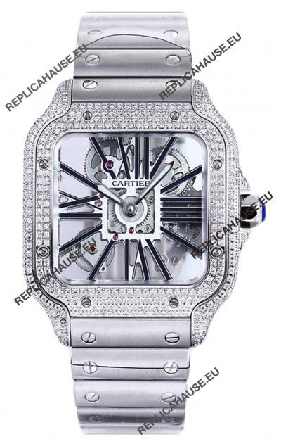 Santos De Cartier Watch in Skeleton Dial - Diamonds Bezel in Steel Casing Swiss Replica