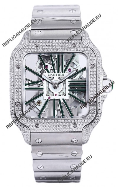 Santos De Cartier Watch in Skeleton Dial - Diamonds Bezel in Steel Casing Swiss Replica