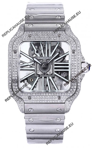 Santos De Cartier Watch in Skeleton Dial - Diamonds Bezel in Steel Casing Swiss Replica