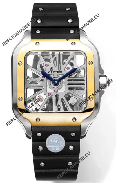 Santos De Cartier Watch in Skeleton Dial - Two Tone Bezel in Rubber Strap 