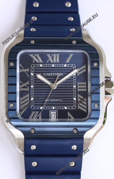 Santos De Cartier 1:1 Blue DLC Bezel Swiss Replica Watch 40MM - Rubber Strap