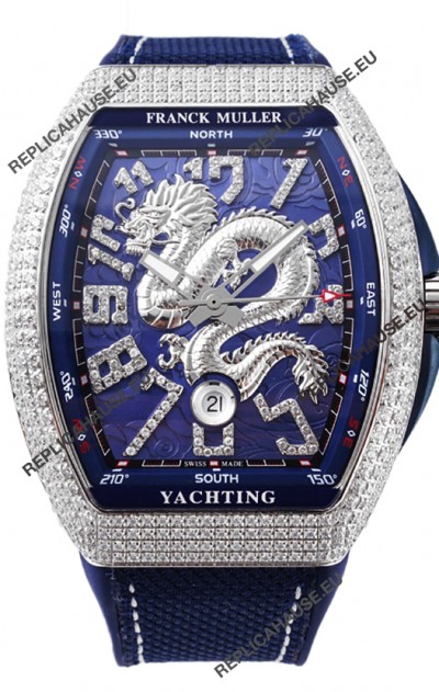 Franck Muller Vanguard Yachting Dragon V45 Blue Dial in Diamonds Bezel Swiss Replica