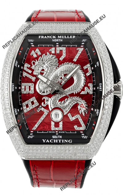 Franck Muller Vanguard Yachting Dragon V45 Red Dial in Gold Diamonds Bezel Swiss Replica