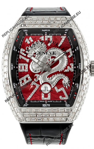 Franck Muller Vanguard Yachting Dragon V45 Red Dial in Square Diamonds Bezel Swiss Replica