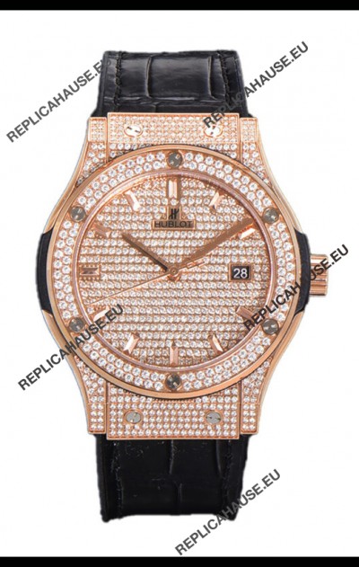 Hublot Classic Fusion Automatic Rose Gold Diamonds Paved Dial Grey Strap 42MM Superclone Replica Watch 