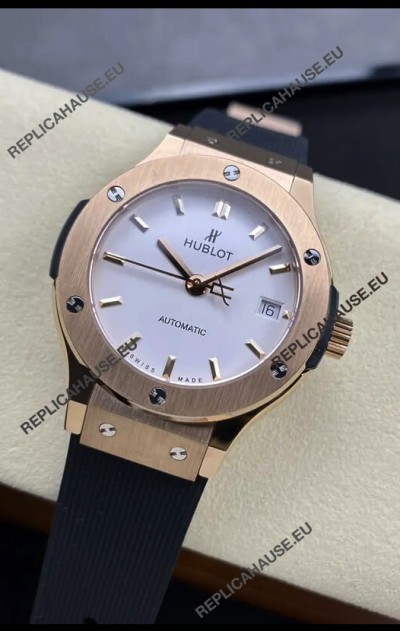 Hublot Classic Fusion 1:1 Mirror Replica Swiss Watch in Rose Gold 904L Steel Casing White Dial 38MM