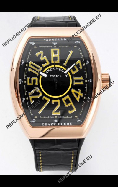 Franck Muller Vanguard Crazy Hours in Rose Gold Plating - Black Dial Swiss Replica Watch 