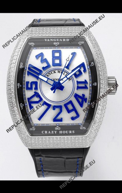 Franck Muller Vanguard Crazy Hours in Stainless Steel Diamonds - White Dial Swiss Replica Watch 