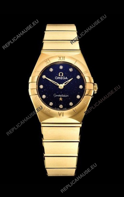 Omega Constellation Ladies Swiss Quartz 1:1 Mirror Replica - Yellow Gold Casing in Black Starry Dial 