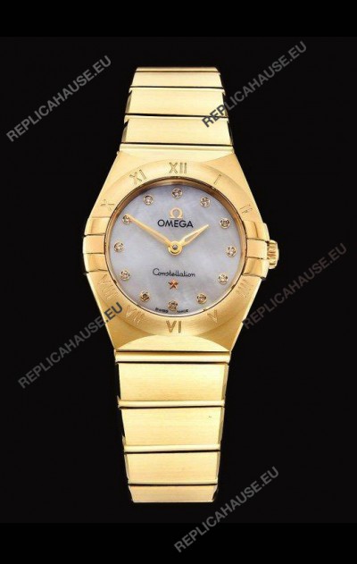 Omega Constellation Ladies Swiss Quartz 1:1 Mirror Replica - Yellow Gold Casing White Pearl Dial