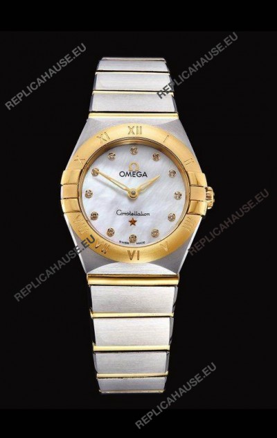 Omega Constellation Ladies Swiss Quartz 1:1 Mirror Replica - Two Tone Casing in White Pearl Dial