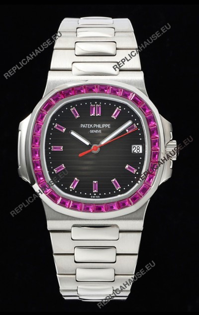 Patek Philippe Nautilus 5711 Black Dial 1:1 Mirror Replica in 904L Steel with Rubies Bezel