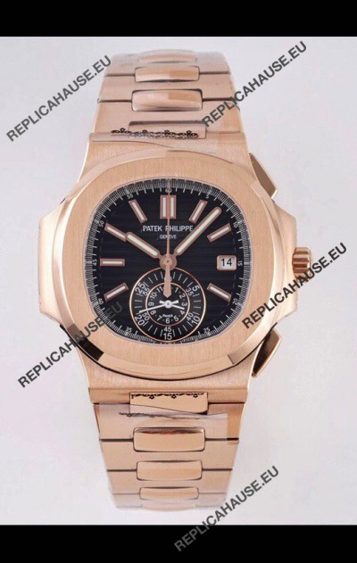 Patek Philippe Nautilus 5980/R Rose Gold 904L Steel Case in Black Dial - 1:1 Mirror Replica