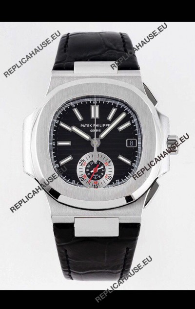 Patek Philippe Nautilus 5980/1A 904L Steel Case in Black Dial Leather Strap - 1:1 Mirror Replica