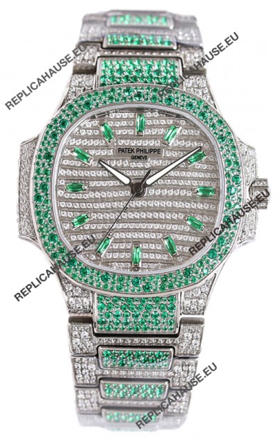 Patek Philippe Nautilus 7118R 35MM 1:1 Green Diamonds Paved Watch in Steel Casing 