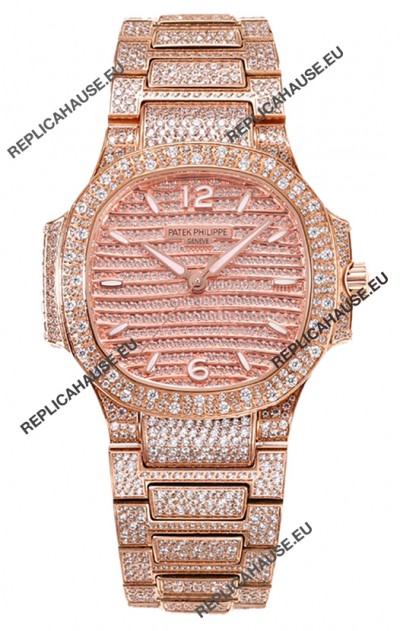 Patek Philippe Nautilus 7118R 35MM 1:1 Diamonds Paved Watch in Rose Gold Casing