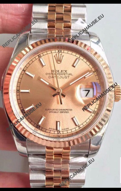 Rolex Datejust 36MM Cal.3135 Movement Swiss Replica Watch in 904L Steel Two Tone Casing Gold Dial