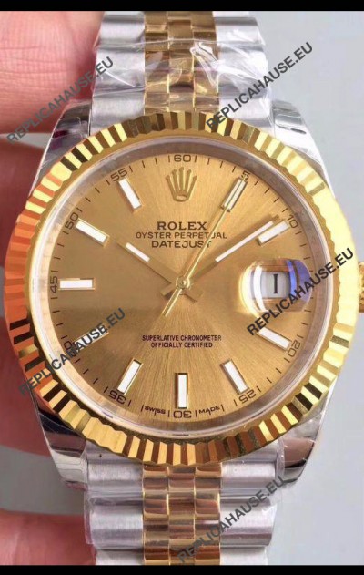 Rolex Datejust 41MM Cal.3135 Movement Swiss Replica Watch in 904L Steel Two Tone Casing Gold Dial