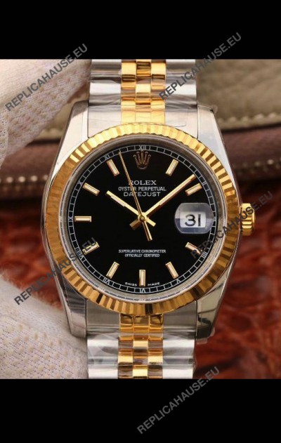 Rolex Datejust 36MM Cal.3135 Movement Swiss Replica Watch in 904L Steel Two Tone Casing Black Dial
