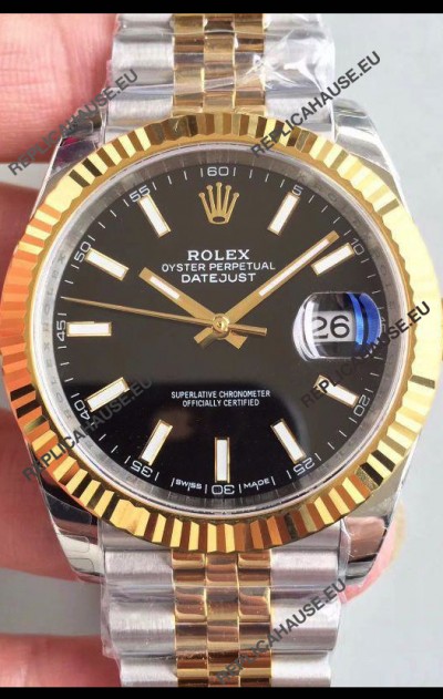 Rolex Datejust 41MM Cal.3135 Movement Swiss Replica Watch in 904L Steel Two Tone Black Dial