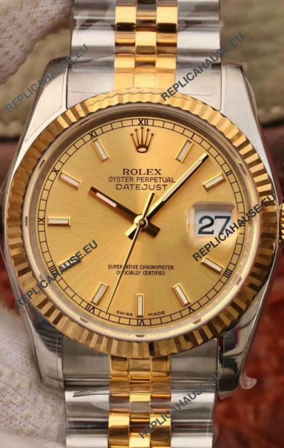 Rolex Datejust 36MM Cal.3135 Movement Swiss Replica Watch in 904L Steel Two Tone Casing Gold Dial