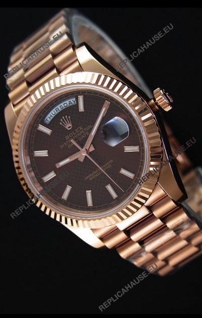 Rolex Day-Date 40MM Rose Gold in Brown Textured Dial Stick Markers
