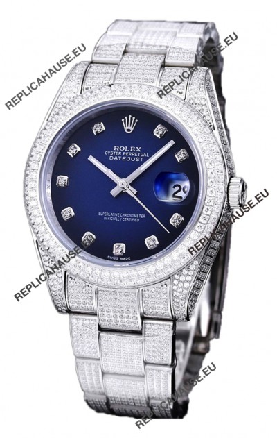 Rolex Datejust 41MM Swiss Replica - Iced Out Edition in Blue Dial 