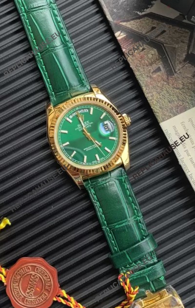 Rolex Day Date Yellow Gold Casing Watch in Green Strap 36MM - 1:1 Mirror Quality 