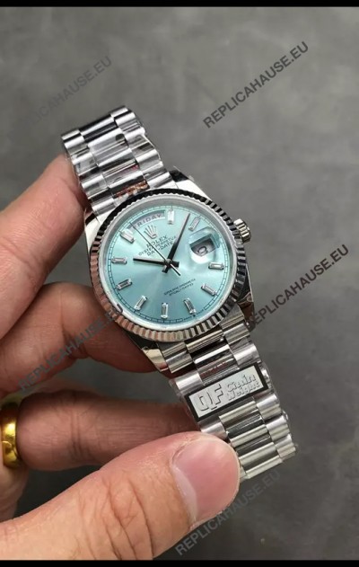 Rolex Day Date Super Clone Stainless Steel Ice Blue Dial Crystal Numerals Watch 36MM - 1:1 Mirror Quality