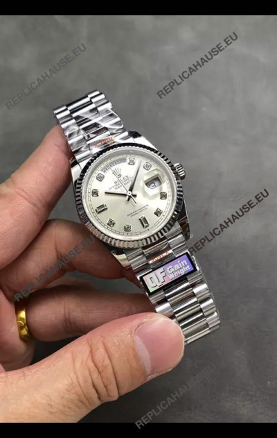 Rolex Day Date Super Clone Stainless Steel Silver Dial Diamonds Numerals Watch 36MM - 1:1 Mirror Quality