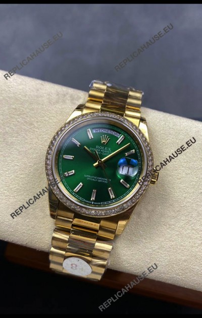 Rolex Day Date Super Clone Yellow Gold Green Dial Crystal Numerals Watch 36MM - 1:1 Mirror Quality
