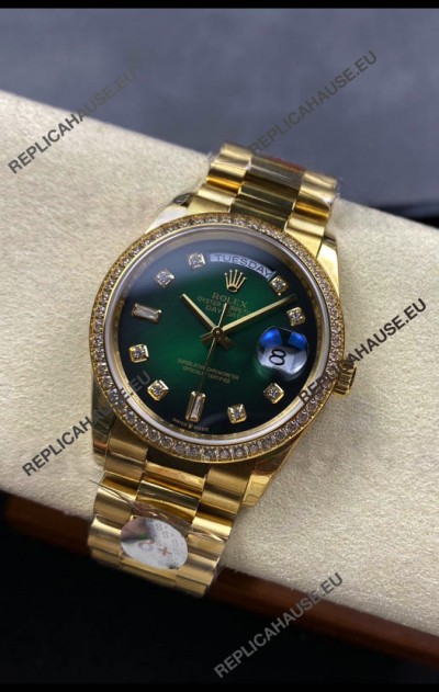 Rolex Day Date Super Clone Yellow Gold Green Dial Diamonds Numerals Watch 36MM - 1:1 Mirror Quality