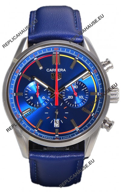 Tag Heuer Carrera Swiss Quartz Movement Replica Watch in Blue Dial - Blue Leather Strap