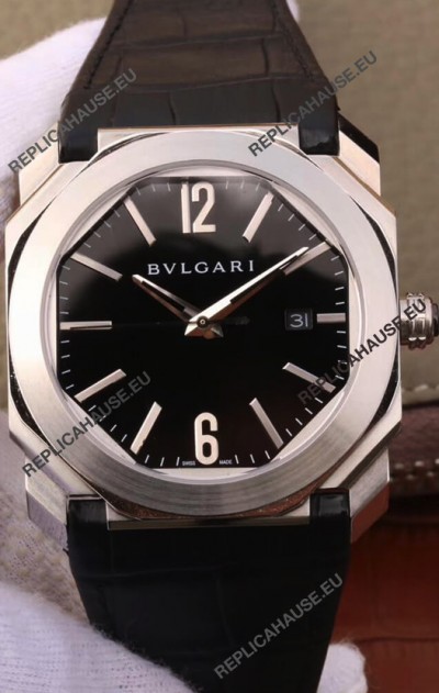 Bvlgari Octo Roma Edition 1:1 Mirror Replica in 904L Steel Casing - Black Dial Leather Strap