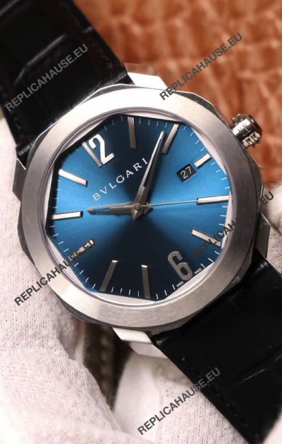 Bvlgari Octo Roma Edition 1:1 Mirror Replica in 904L Steel Casing - Steel Blue Dial Leather Strap