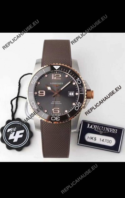 Longines HydroConquest 1:1 Swiss Replica Watch in Grey Dial Rubber Strap Rose Gold Bezel