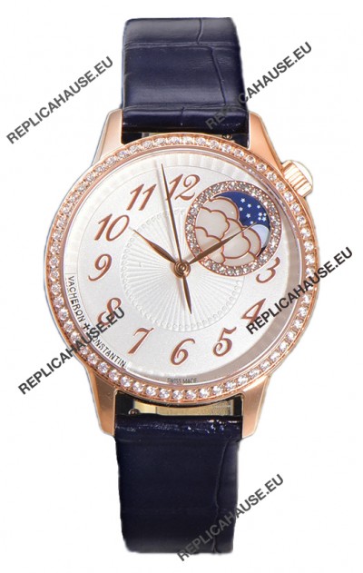 Vacheron Constantin Egerie Muse Moonphase Rose Gold Casing in White Dial Swiss Replica