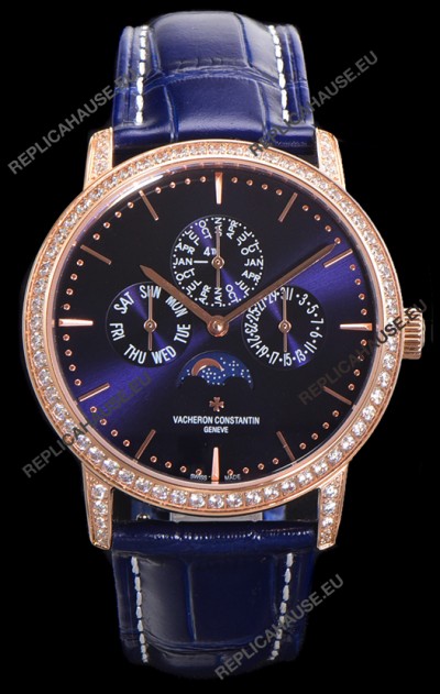 Vacheron Constantin Patrimony Perpetual Calendar Ultra-Thin Rose Gold Blue Dial Swiss Replica