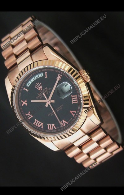 Rolex Day Date Swiss Rose Gold Watch in Black Dial