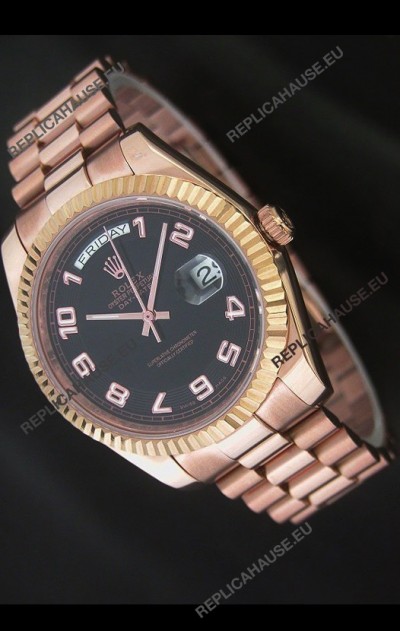 Rolex Day Date Swiss Replica Steel Watch in Black Dial