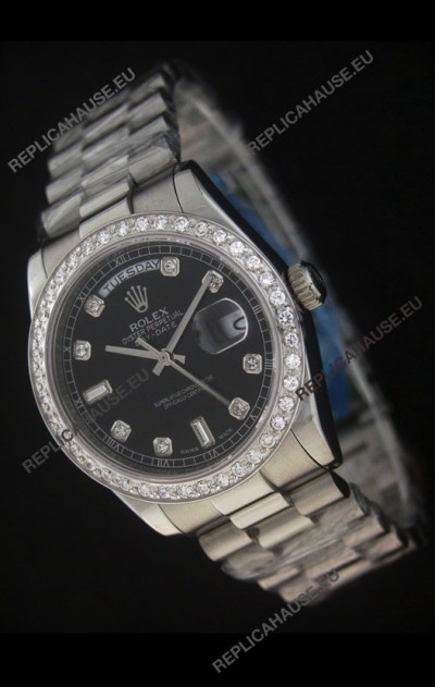 Rolex Day Date Just swissÂ Replica Black Watch in Full Diamond Bezel
