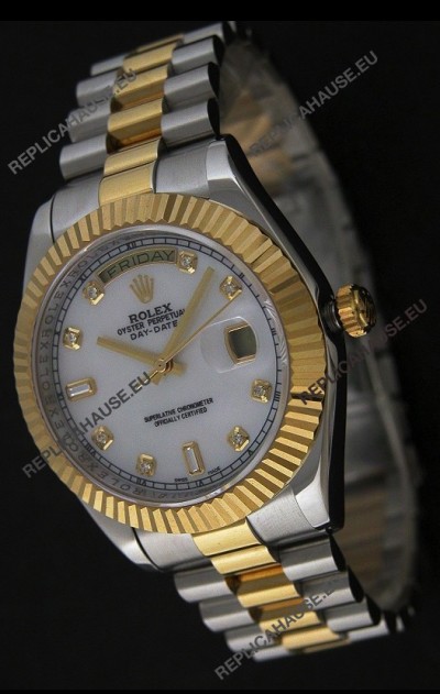 Rolex Day Date Just swissÂ Replica Two Tone Gold Watch in Mop White Dial